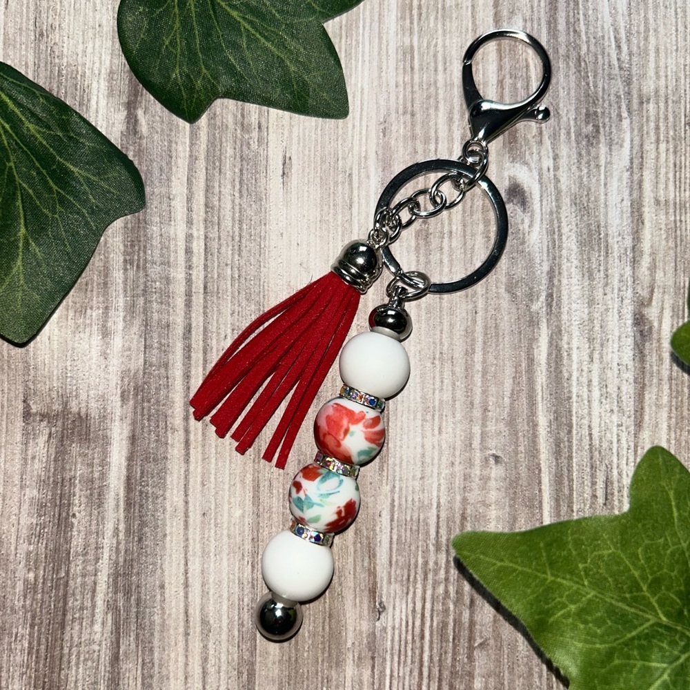 Red Tassel Keychain with Floral Beads